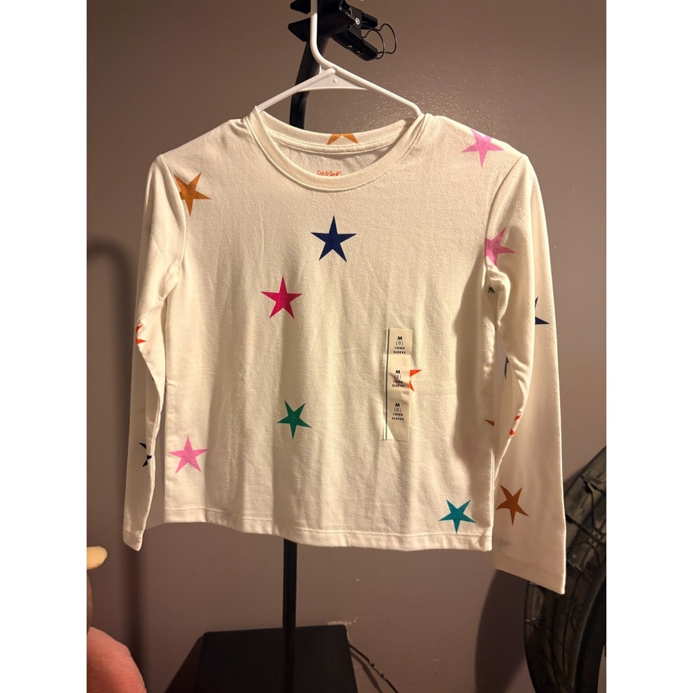 Cat & Jack White Long Sleeve T Shirt with Multi Color Stars Sz M (8)